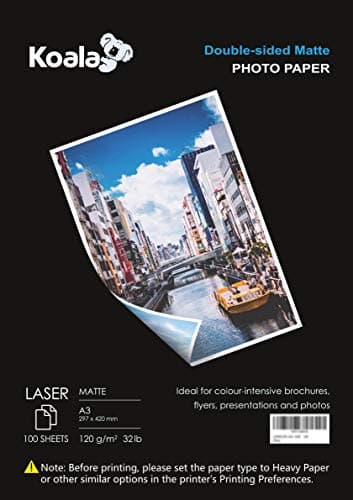 Image of KOALA Double Sided Matte Laser Photo Paper A3, 120gsm, 100 Sheets. Suitable for Laser Printer, for Printing Photos, Brochures, Covers, Certificates, Booklets, Flyers, Leaflets, Cards, Calendars