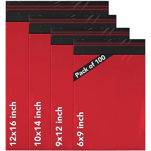 Image of ISOUL 100 Mixed Size Red Mailing Bags, Self Seal 4 Size Strong Waterproof Poly Plastic Envelopes for Parcels, Packaging, Small, Medium, Large Mail, Shipping Delivery Bags Red