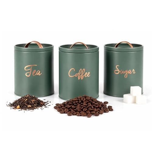 Image of Besto Kitchen Canister Set (Green) | Metal Airtight Tea Coffee Sugar Canister with Silicone Seal | Kitchen Storage Set (3 Pcs) That Keep Edible Fresh for Longer