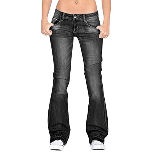 Image of LAEMILIA Women Low Rise Jeans Bootcut Premium Stretchy Flare Denim Pants Pull on Black UK8/Tag M