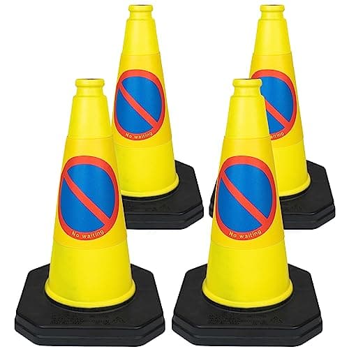Image of 4 x 460mm High "No Waiting" Traffic Cones in Yellow - Strong and Durable Outdoor Cones with Very Low Centre of Gravity - U.K Made Safety Cones