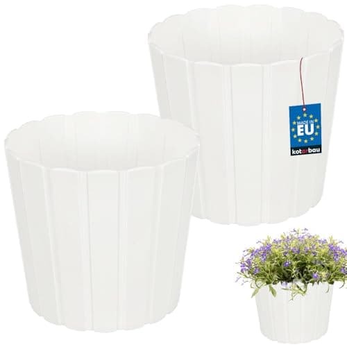Image of KOTARBAU Set of 2 Flower Pots - Planters - Diameter 20 cm Height 18 cm - White - Plastic - Plant Pot for Indoor Plants - Flower Pots - Large - Outdoor - Planter - Balcony - Decorative