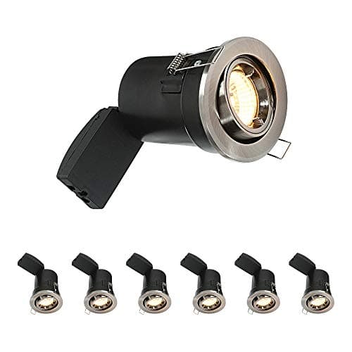 Image of National Lighting Fire Rated Downlights, Brushed Chrome Adjustable Ceiling Lights, GU10 Halogen or LED, Dimmable Recessed Spotlights IP20 Rated - Pack of 6