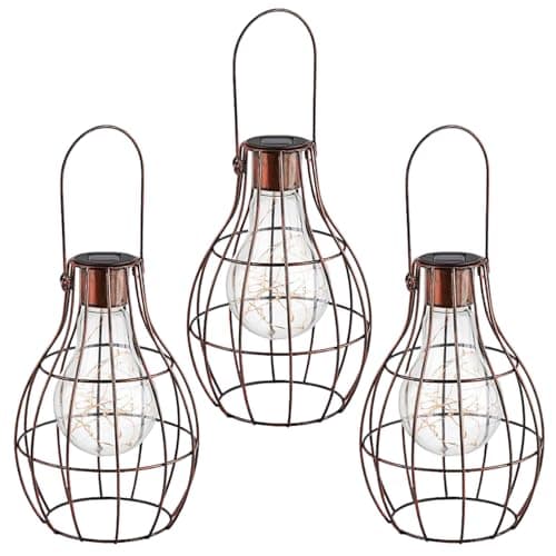 Image of Marco Paul 3 x Solar Copper Hanging Firefly Lantern with LED Lights Patio Storm Vase Table Lantern Or Window Centre Piece Indoor Outdoor