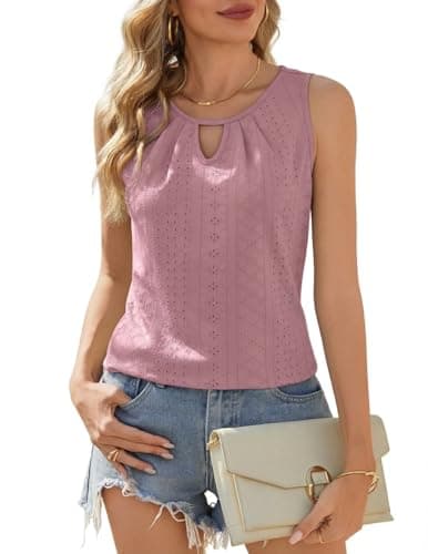 Image of Zeagoo Ladies Vest Tops Summer Tops for Women Eyelet Embroidery Vests Keyhole V Neck Tank Top Sleeveless Blouse Shirt Light Pink M