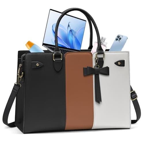 Image of RAINSMORE Laptop Bags for Women PU Leather Work Bags for Women Tote Bag Large Handbag Shoulder Bag for Office 15.6 Inch Business Black with White and Brown