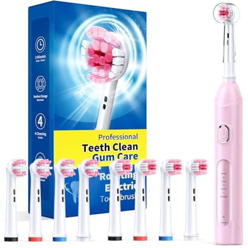 Image of Rotating Electric Toothbrush for Adults with 8 Brush Heads (2 Types), 4 Modes Deep Clean Electric Toothbrush with Rechargeable Power and 2 Min Smart Timer Pink