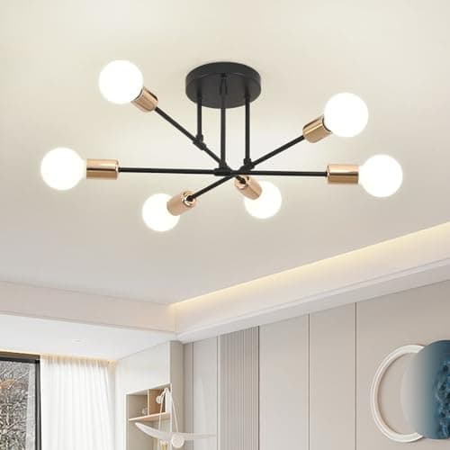 Image of ZYDTRIP Sputnik Chandelier Ceiling Light, 6-Light Ceiling Light for Bedroom,Dining Room,Kitchen,Office, Black and Gold