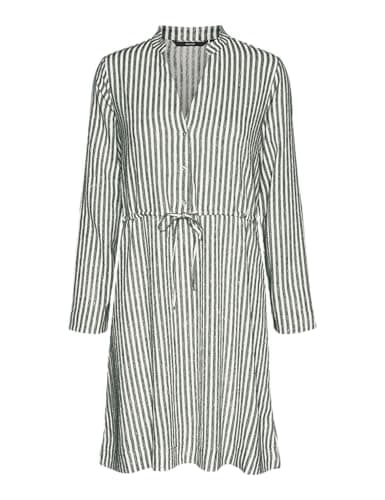 Image of VERO MODA Women's Vmberta Pia LS Short Dress JRS Ga Mini Dress, Snow White/Stripes: Laurel Wreath, M