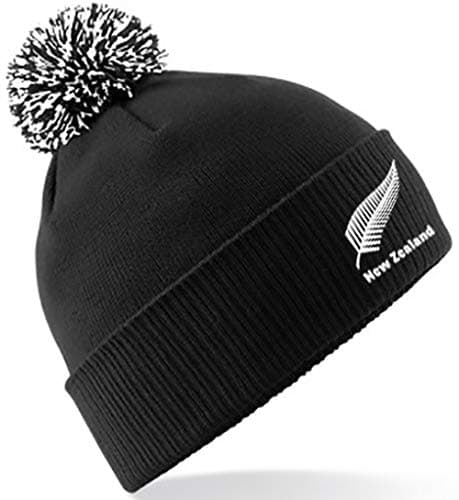 Image of Embroidered New Zealand Pom Pom Beanie Hat, Present Black/White