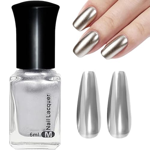 Image of Silver Chrome Gel Nail Polish - Metallic Nail Varnish with Reflective Effect - Quick Dry, No UV Needed, High Pigment & Long Lasting Nails Art Gifts for Women