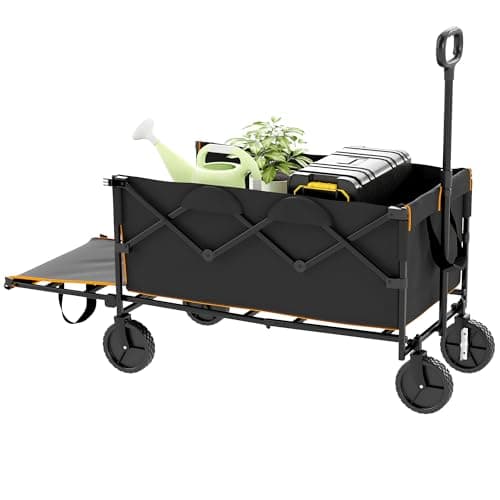 Image of Outsunny 160L Festival Trolley on Wheels, Folding Camping Trolley Cart w/Tailgate, 100kg Heavy Duty Garden Collapsible Folding Wagon w/Adjustable Handle, Carry Bag for Beach Picnic, Black and Orange