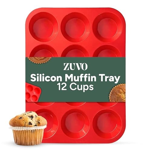 Image of Zuvo Silicon Muffin Tray 12 Cups - Non Stick Baking Trays for Cupcakes & Brownies - (23x31cm) Red Baking Moulds for Muffin