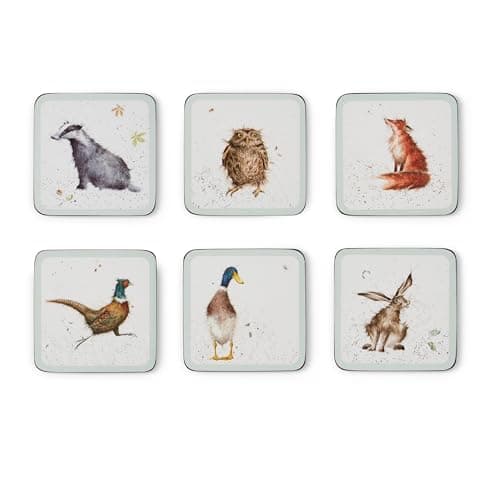 Image of Pimpernel x Wrendale Designs Set of 6 Assorted Coasters - Cork-Backed with Charming Animal Illustrations, Heat Resistant and Stain Protected Table Coasters, Suitable for Everyday Use
