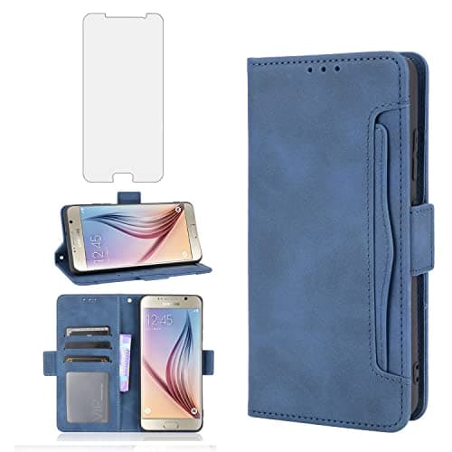 Image of Compatible with Samsung Galaxy S6 Wallet Case and Tempered Glass Screen Protector Card Holder Credit ID Slot Cell Phone Cover for Glaxay S 6 Gaxaly 6s Galaxies GS6 SM-G920V G920A Women Men Blue