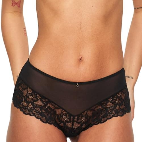 Image of Ann Summers Sexy Lace Short Low-Rise Womens Underwear with Medium Coverage, Semi-Sheer Mesh Knicker, Floral Lace Edging & Centre Charm Black - Womens Lingerie