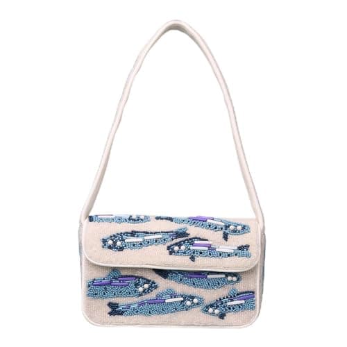 Image of IndianShelf Premium Handcrafted Beach Fish Beaded Shoulder Bags for Women, Girls - Women Evening Purse White and Blue (with Box)
