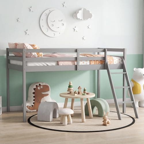 Image of Panana Mid Sleeper with Storage,Solid Wooden Single Loft Bed Frame 3FT Cabin Bed,Space Saving (Grey, Stair Style)
