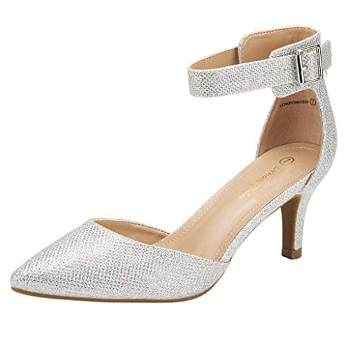 Image of DREAM PAIRS Womens Court Shoes Pointed Toe Low Kitten Heel Ladies Pumps Ankle Strap Dress Sandals,Size 6,Silver/Glitter,LOWPOINTED