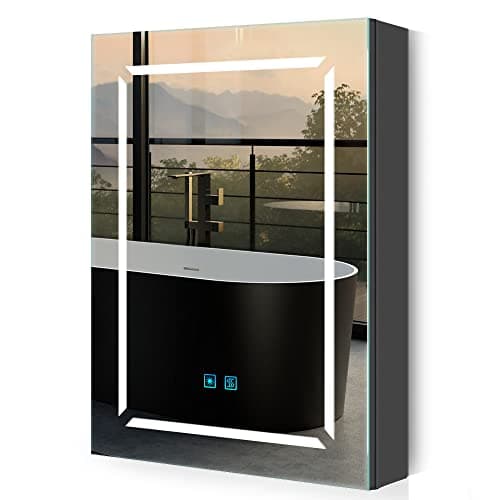 Image of Quavikey®Black Bathroom Mirror Cabinets with Shaver Socket, LED Bathroom Cabinet with Mirror and Light for Makeup and Shaving, Anti Fog Demister, 3 Color Dimmable, Wall Mounted, 500x700 mm