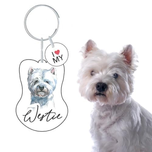 Image of Splosh Westie Keyring. Personalised Dog Key Ring. Westie Themed. Unisex Adults. White