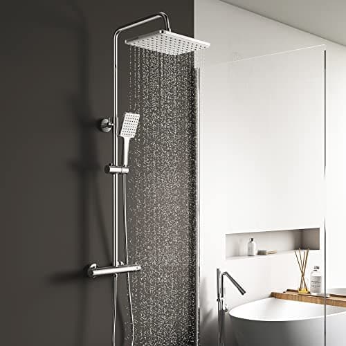 Image of YOOZENA Thermostatic Shower Mixer Set,Overhead Rainfall Shower,Handheld Shower,Shower Mixer Bar,Height Adjustable Shower System for Bathroom,Chrome