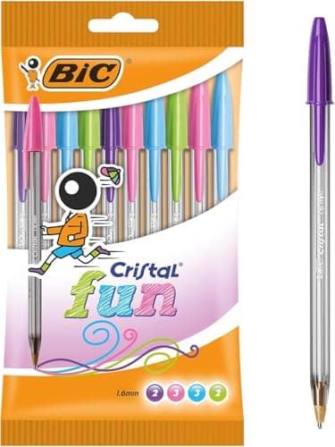 Image of BIC Cristal Fun Coloured Ballpoint Pens 10 Pack | Wide Point 1.6mm | Assorted Ink Colours | Smooth Flow Writing Pens for School & Office