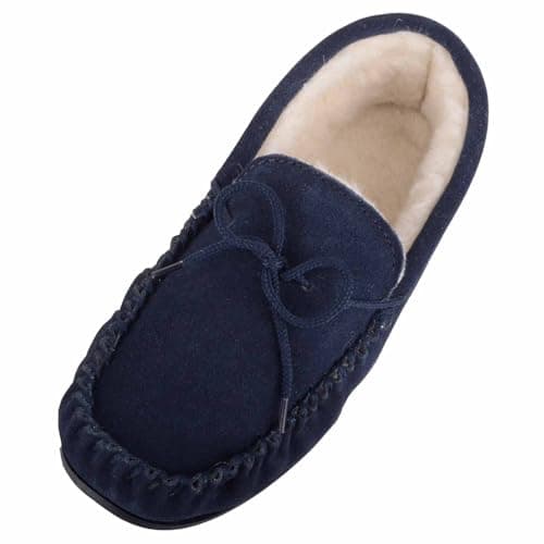 Image of ABSOLUTE FOOTWEAR Womens Wool Lined Suede Moccasin with Lace Detail and Rubber Sole - Navy - UK 6 / EU 39