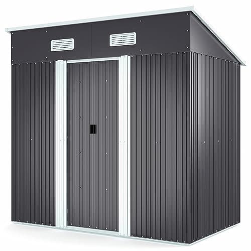Image of XEMQENER 6 x 4 FT Metal Garden Shed with Base, Lockable Waterproof Outdoor Storage Tool Shed with Pent Roof & Air Vents for Backyard Garden - 194x121x182 cm, Anthracite Grey