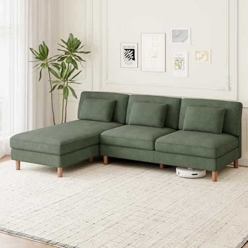 Image of Vesgantti Corduroy 3 Seater Sofa with Reversible Chaise Lounge, 249cm L-Shaped Corner Couch with 3 Extra Pillows, Perfect for Living Room, Bedroom, Office, Tool-free Assembly, Green