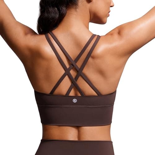 Image of CRZ YOGA Women's Strappy Sports Bra Medium Support Padded Bra Wireless Longline Workout Crop Top Hot Fudge Brown 10