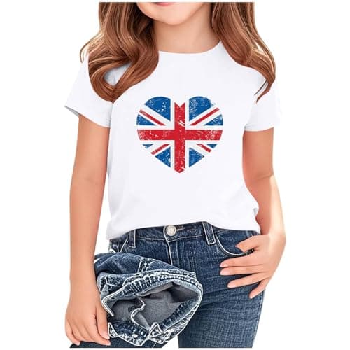 Image of Girl Top 9 Years British National Flag Printed Short Sleeve Plus Size Crew Neck Casual Union Jack Loose Fit Tees Tunic Kids Cloths White Girls T-Shirts Lightweight