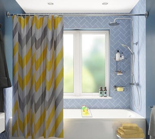 Image of Croydex Yellow & Grey Chevron Textile Shower Curtain with Hygiene 'N' Clean, 1 x 180 x 180 cm