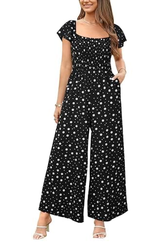 Image of VOTEPRETTY Jumpsuits for Women UK Short Sleeve Square Neck Smocked Wide Leg Dungarees One Piece Outfit with Pockets Black Polka Dot,M