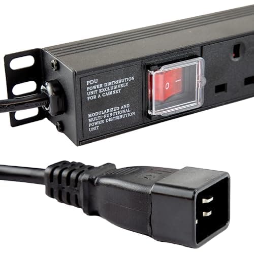 Image of kenable 8 Way Vertical PDU Power Distribution Unit | UK Sockets to C20 IEC 16A | Aluminium Rack Mount Strip 4000W | Illuminated Switch | 3m Cable
