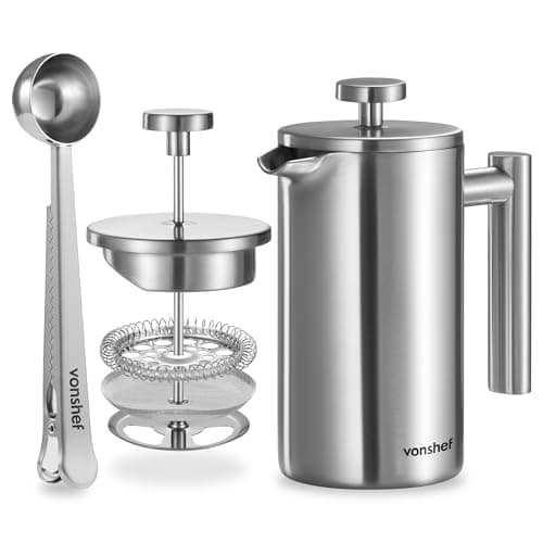 Image of VonShef 3 Cup Cafetiere, Stainless Steel 350ml Double Walled French Press with Measuring Spoon/Bag Seal, Dishwasher Safe Filter Coffee Maker with Plunger