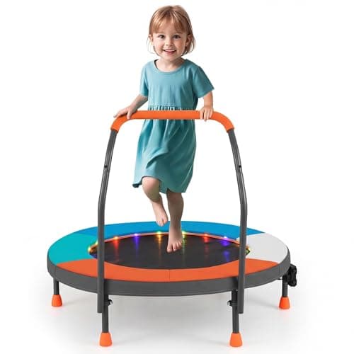 Image of COSTWAY 36 Inch Mini Trampoline for Toddlers, Foldable LED Lighting Children Exercise Rebounder with Foam Handle and Padded Safety Cover, Indoor Outdoor Kids Trampolines for Boys Girls (Muti-Color)