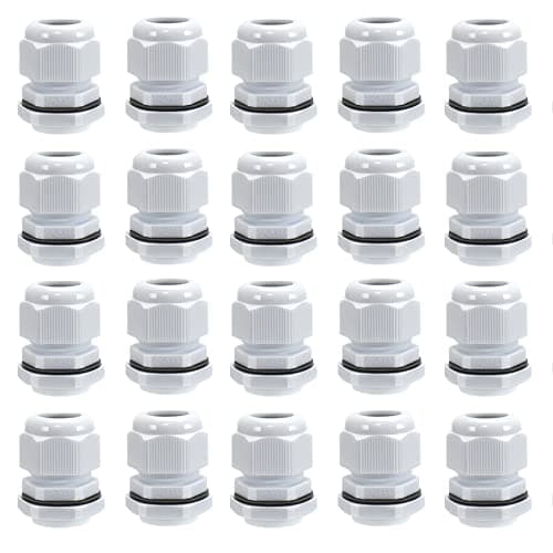 Image of 20 Pack M20 20mm IP68 Waterproof Nylon Cable Glands, Suitable for 6mm - 12mm Cables (White)