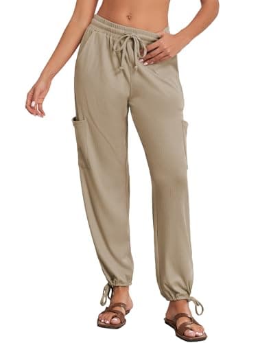 Image of Famulily Ladies Casual Yoga Lounge Pants Winter Ribbed Knitted Cargo Trousers for Hiking Running (XL, Khaki)