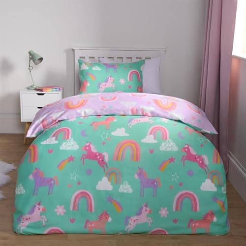 Image of OHS Single Duvet Set Unicorn & Rainbows Reversible, Ultra Soft Cosy Fabric Delightful & Magical Design Quilt Single Bed Set & Pillowcase For Kids, Green/Purple