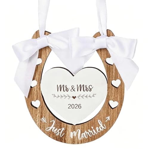 Image of Just Married Wedding Horseshoe Hanging Wooden with Heart, White, Ribbon, Mr & Mrs Wedding Gifts Bride and Groom Horse Shoe New Couple Christmas Gift