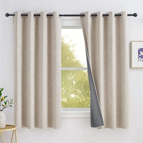 Image of PONY DANCE 100% Blackout Linen Curtains for Bedroom- Beige Thermal Insulated Eyelet Curtains with Coating, Room Darkening Window Drapes Noise Reducing Energy Saving for Kids, 52x54 Inches, 2 Panels