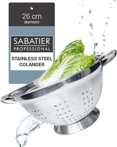 Image of Sabatier Professional Stainless Steel Colander - Heavy-Duty, Durable & Dishwasher-Safe Kitchen Strainer. Fine Holes for Easy Draining. Perfect for Pasta, Veggies, Rice, and Fruit. Large 26cm Diameter.