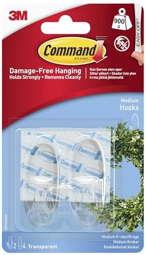 Image of Command Medium Hook, Pack of 2 Hooks and 4 Adhesive Strips, Transparent - Damage Free Hanging - Holds up to 900g