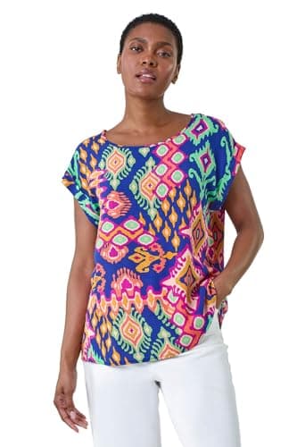Image of Roman Originals T-Shirt for Women UK - Ladies Tee Shirt Summer Top Holiday Day Causal Short Sleeve Blouses Round Crew Boat Neck Lightweight - Blue Aztec - Size 16