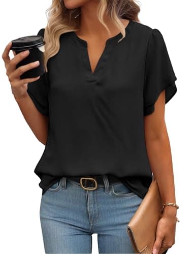 Image of Zeagoo Womens Black Tops Summer Chiffon Blouse Ruffle Short Sleeve Shirts V Neck Work Blouses Business Casual Mesh Blouse Floral Double Layers Tunic Top A-Black M