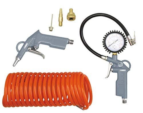 Image of ABAC 6-piece compressor accessory set G-813, includes tyre inflator with pressure gauge, compressed air gun, 5 m spiral hose, 3 valve adapters, maximum pressure 8 bar