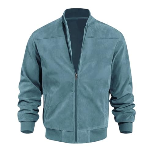 Image of Mens Faux Suede Bomber Jacket, Solid Color Men's Zipper Jacket,Casual Retro Long Sleeve Cardigan Coat Men (Light Blue,M)