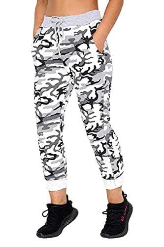 Image of WearAll Women's Denim Jogger Sweatpants with Drawstring Casual Summer Gym Trousers Ribbed Waistband Multi Floral and Tartan Prints Italian Cotton Exercise and Jogging Bottoms Camouflage 20-22