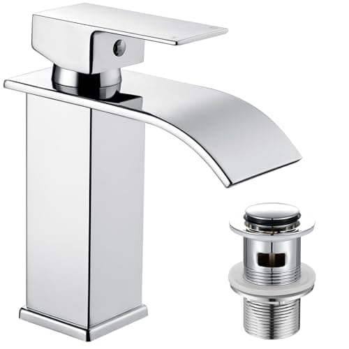 Image of Peppermint Basin Taps Mixers Waterfall with Slotted Pop-up Waste Bathroom Sink Mixer Tap Square Stainless Steel Monobloc 1 Hole with G1/2'' Hoses Modern Cloakroom Taps Mono
